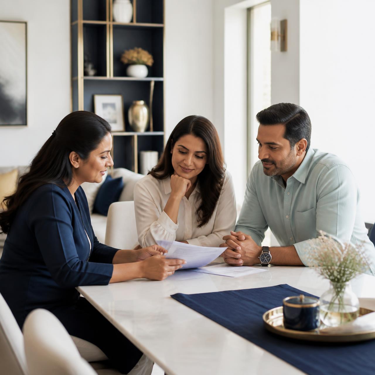 An Indian couple discussing long-term financial goals with an adviser